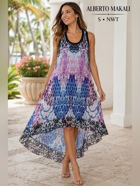 Alberto Makali Hi Low Dress womens sz Small Blue Pink Printed Racerback new flow